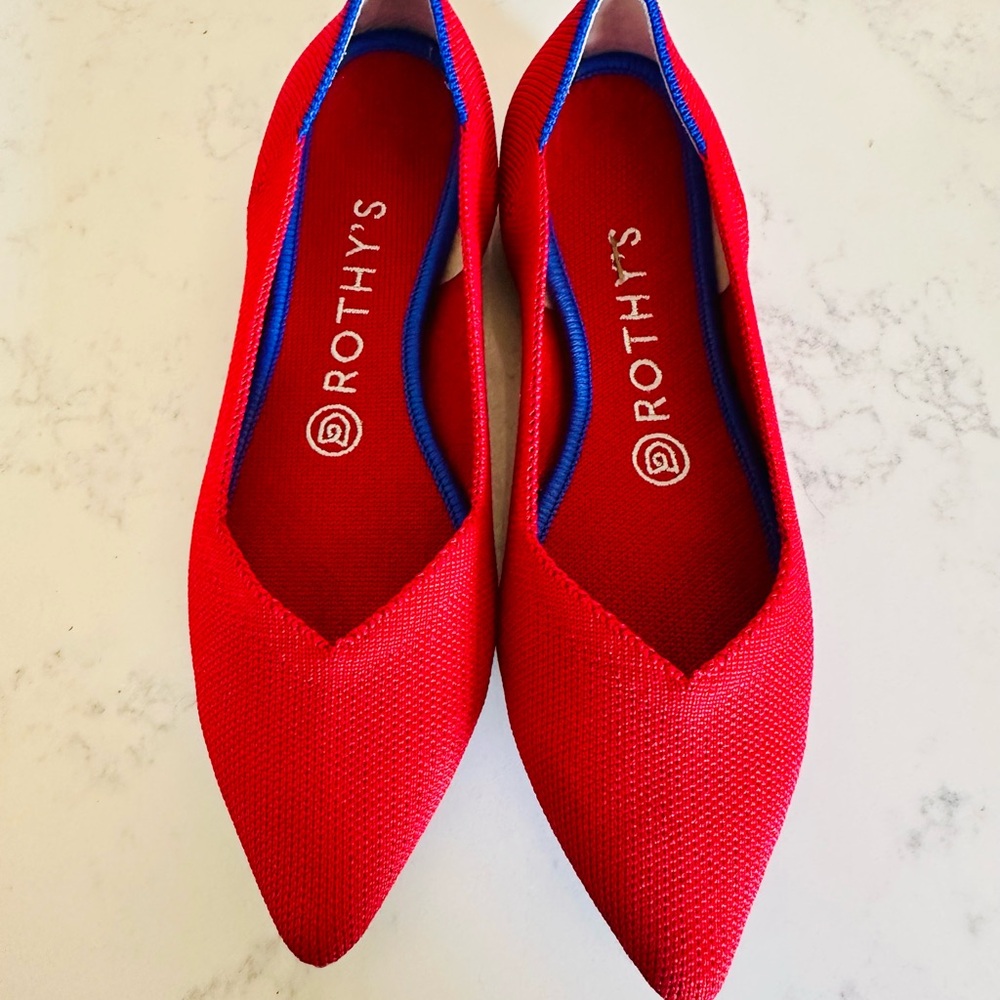 Rothy's Red Flats with Navy Trim
